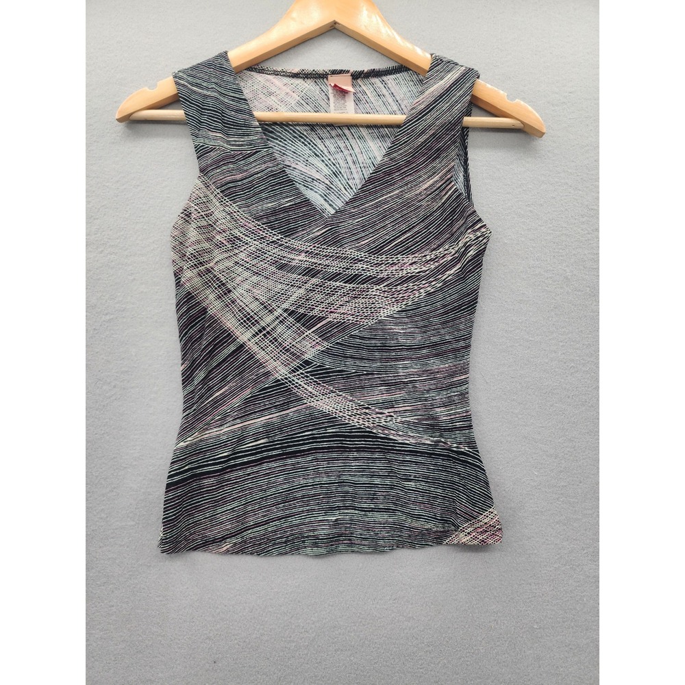 Famosa USA Abstract Geometric V-Neck Sleeveless Wrap Front Top Black Pink Y2K